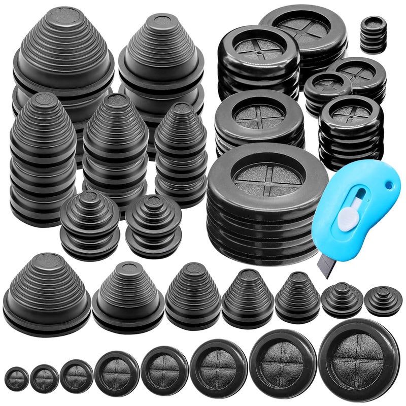 mankk Rubber Grommet Kit Firewall Grommet Wire Grommet Tower Shaped and Round Double Sided Rubber Hole Plug with Retractable Box Knife for Wire Protection - Image 1